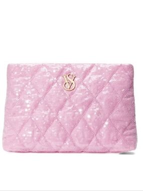 Victoria's Secret Pink Quilted Sequin Pouch Clutch Travel Glam Makeup Bag